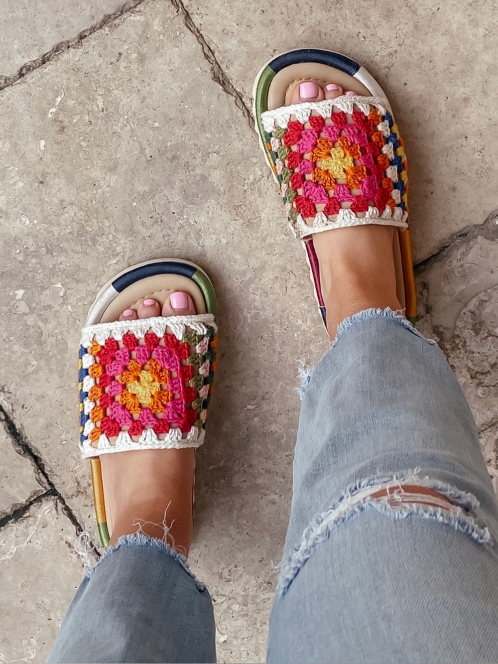 Farm Rio Crotchet Granny Square Toe Floral Sandals